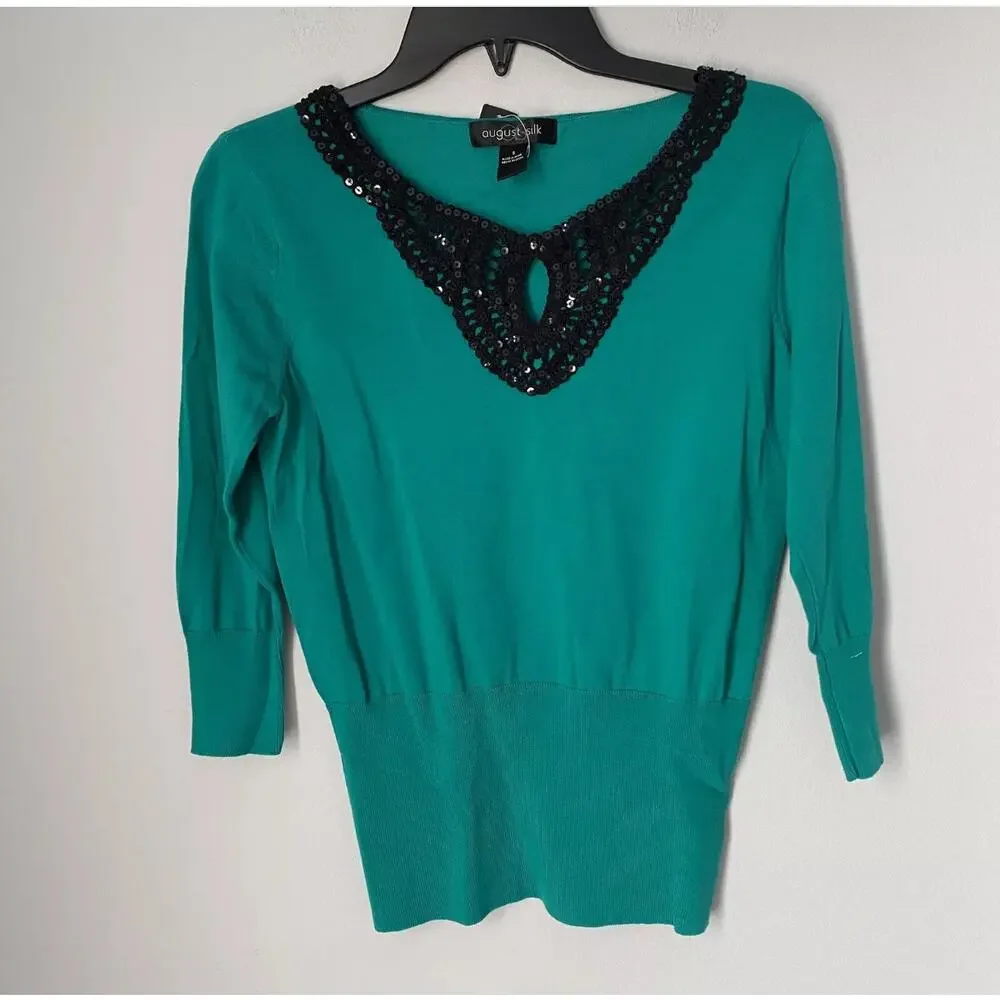 August Silk Women's Green Knit Sweater, Black Sequin Collar & 3/4 Sleeves, Large - Picture 2 of 12
